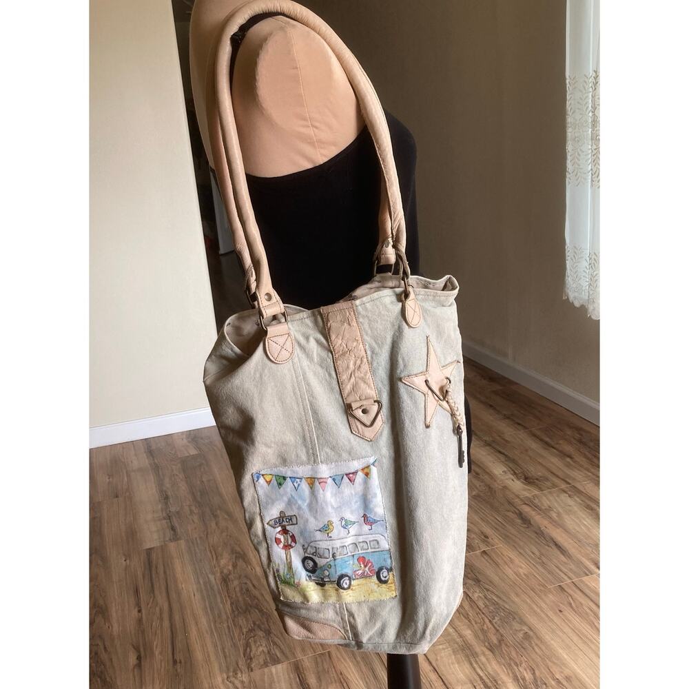 Vintage Addiction Canvas Tote Bag Cream Pink Leather Accent Beach Bus Camper Van - Picture 4 of 16